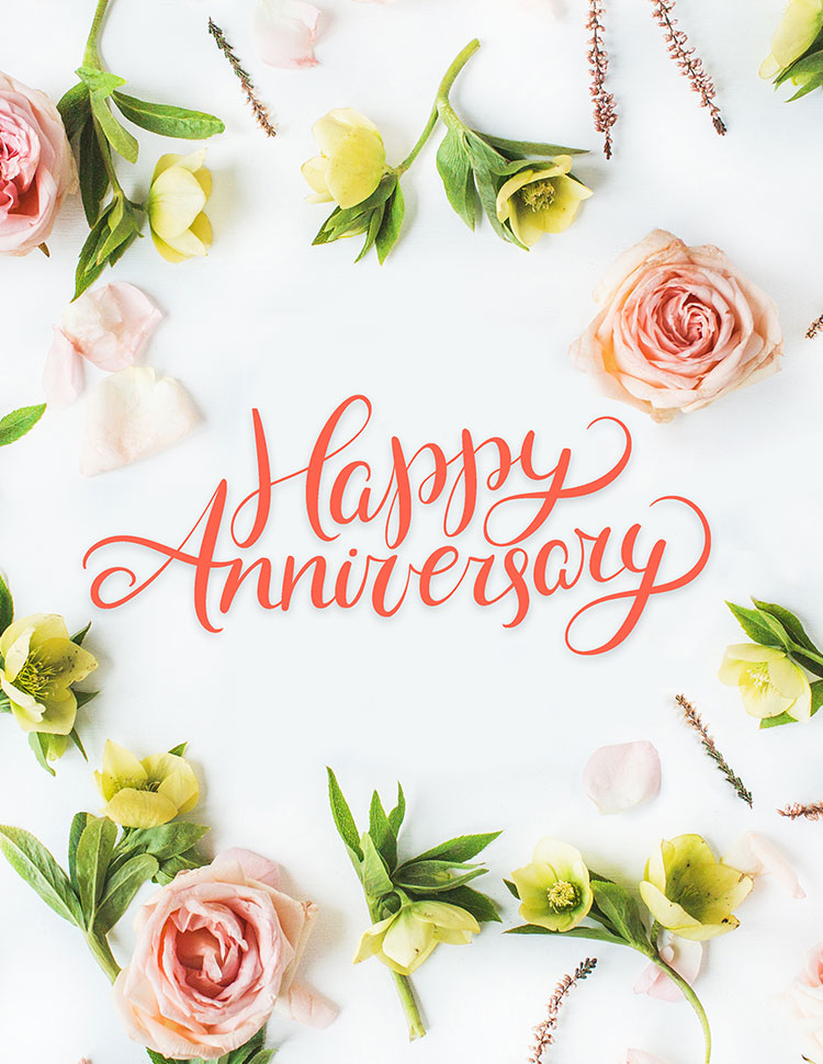 Happy Anniversary With Flowers, White Background